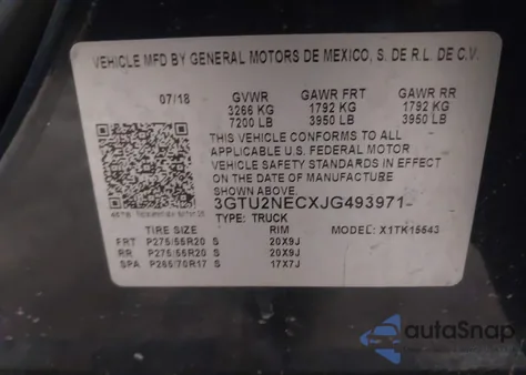 2018 GMC Sierra 1500 Slt z USA, uszkodzony, nr VIN 3GTU2NECXJG493971